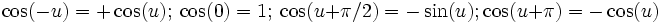 \cos(-u) = +\cos(u);\ \cos(0) = 1;\ \cos(u + \pi/2) = -\sin(u); \cos(u + \pi) = -\cos(u)