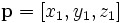 \mathbf{p}=[x_1,y_1,z_1]