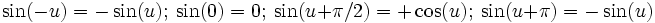 \sin(-u) = -\sin(u);\ \sin(0) = 0;\ \sin(u + \pi/2) = +\cos(u);\ \sin(u + \pi) = -\sin(u)